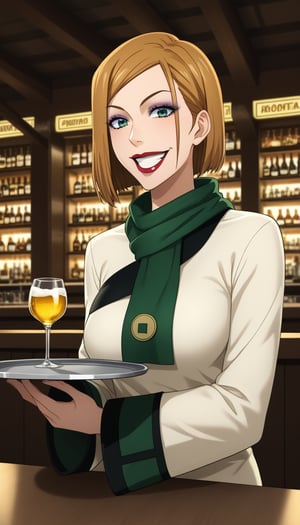 score_9, score_8_up, score_7_up, intricate details,1girl,  closed mouth, lips joo dee, scarf, hair ornament:1.3, holding tray:1.2, tray, alcohol, dutch angle, bar, cowboy shot:1.2, bar, table, customers, kugisaki nobara, brown hair,smile, open mouth, grin, makeup, lipstick, eyeshadow, hair ornament