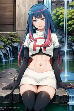 ((best quality)), ((highly detailed)), masterpiece, ((official art)),  eida, long hair, bangs, blue eyes, very long hair, blue hair, pink hair, multicolored hair, earrings, blunt bangs, two-tone hair, streaked hair,, posing, lips, ( evil smile), ,Team Rocket, cropped jacket, white jacket, crop top, jacket, gloves, black gloves, elbow gloves, navel, midriff, white skirt, miniskirt, skirt, thighhighs, looking at viewer, cowboy shot, temple, throne, sitting ,scenery,indoor,(water:1.2). (water wall:1.2), (castle, temple),intricately detailed, hyperdetailed, blurry background, depth of field, best quality, masterpiece, intricate details, tonemapping, sharp focus, hyper detailed, trending on Artstation, 1 girl, high res, official art,eida