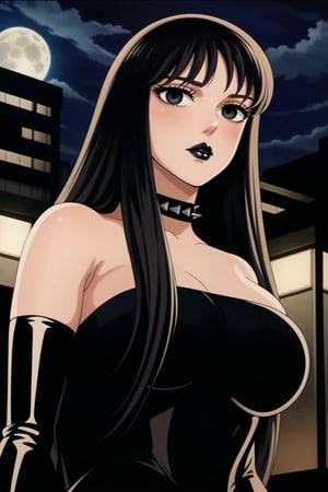 ((best quality)),  ((highly detailed)),  masterpiece,  ((official art)),(Saori Kido, Saori, long hair, black hair:1.3),((black eyes, empty eyes,expressionless,hypnosis)),(((white skin))) ,((makeup,lipstick, black lips:1.2)),absurdres, (spiked collar:1.2),  coyboy shot:1.3, thighhighs, lips,  blush,  (black latex:1.3),  black dress:1.2,  miniskirt  ((bodyconf)),  bare shoulders,  (( strapless)),  large breast,  looking at viewer,  street,  city,  nigth,  moon,  club,  (nigth club),  , hd quality,  perfect face , realistic,  realistic body,  perfect face sync,  , b1mb0,,,black lips