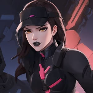 (best quality), (highly detailed), masterpiece, (official art),  dva, brown hair, messy hair, brown eyes, black lips:1.2, lips:1.3,cinematic illustration of D.Va (Hana Song) reimagined as a deadly assassin for Talon. She wears a sleek, form-fitting black and red tactical suit, designed for stealth and combat. The suit is accented with red, glowing lines and Talon’s emblem, highlighting her allegiance. Her expression is cold and determined, metallic black suit with glowing red circuits and a visor replacing her sunglasses. Her black lips contrast with the bright red emblem ,hd quality, perfect face ,realistic, realistic body , perfect face sync,,b1mb0, 