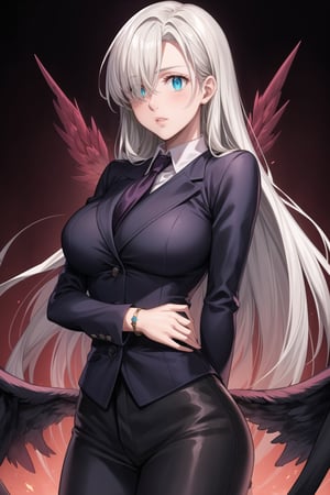 Elizabeth with long white hair and glowing eyes, lips:1.2, Elizabeth with long white hair and glowing blue eyes, dressed in a sleek, formal black suit. She wears a black jacket with notched lapels, a black necktie over a grey collared shirt, and black pants, exuding an air of authority and elegance. Her hair falls gracefully over her eyes, partially obscuring them, while her expression remains calm and composed. She has black gloves on her hands, one of which is raised slightly, and a delicate bracelet adorning her wrist.
She stands with an aura of power and confidence, looking directly at the viewer with an expressionless face. Her wings are subtly visible behind her, adding an ethereal touch to her otherwise professional appearance.