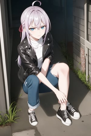 (best quality), (highly detailed), masterpiece, (best quality), (highly detailed), masterpiece, official art, Alya as a rebellious delinquent, long grey hair with an ahoge and a ribbon loosely tied in her hair. She has a fierce expression, blue eyes narrowed in disgust, glaring at the viewer with a rebellious attitude. Her posture is slouched, arms crossed, and she’s dressed in a messy, casual street outfit: a leather jacket, ripped jeans, and untied sneakers. Her hair falls between her eyes, adding to her defiant look. The background is a dimly lit, rundown alley with graffiti, reflecting her delinquent persona.

(delinquent style, leather jacket, messy outfit, rebellious expression, urban alley, tough attitude)