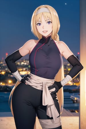 (best quality), (highly detailed), masterpiece, (official art),sumire kakei, posing, hand on hip, lips, (blonde hair), smile, long hair, ninja, elbow gloves, bandages, black pants, looking at viewer, city, night, sky, (intricately detailed, hyperdetailed), blurry background,depth of field, best quality, masterpiece, intricate details, tonemapping, sharp focus, hyper detailed, trending on Artstation,1 girl, high res, official art,b1mb0