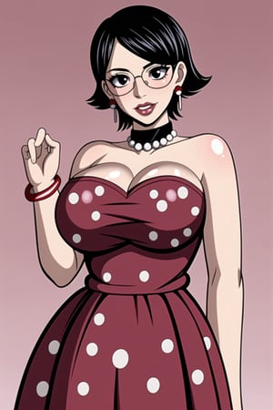 (best quality), (highly detailed), masterpiece, (official art),(sarada, black eyes, jewelry, earrings , choker, glasses, swept bangs),(Stepford),lips, makeup, lipstick,red lips,smile, (pose),(polka dot:1.4), (polka dot dress:1.4),(pearl necklace:1.2), pearl bracelet, bare shoulders,(red dress:1.2),(aroused), nose blush ,standing, big breasts, (large pearl necklace), (hoop earrings:1.2),<lora:659111690174031528:1.0>