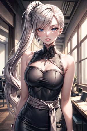((best quality)),  ((highly detailed)),  masterpiece,  ((official art)), (weissmistral, side ponytail, earrings),lips, sleeveless, bare shoulders, figure, turtleneck, black shirt, black pencil skirt,office, lady office, print skirt, floral print, high-waist skirt, shirt_tucked_in, building, bracelet, parted lips, cellphone picture, indoors, intricately detailed, hyperdetailed, blurry background, depth of field, best quality, masterpiece, intricate details, tonemapping, sharp focus, hyper detailed, trending on Artstation, 1 girl, high res, official art