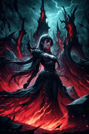 Elizabeth, black hair, lips, ruler of hell, stands as a malevolent dictator, her long hair flowing like darkness itself, gradient from white to dark, framing her cold gaze. Her elaborate gown, adorned with sinister symbols and glowing red accents, reflects her dominance and cruelty. The background features a hellish landscape: rivers of lava, jagged rocks, tormented souls, and dark clouds with lightning. Eerie, red and black glows illuminate the scene, capturing the dark and oppressive atmosphere of her dominion.