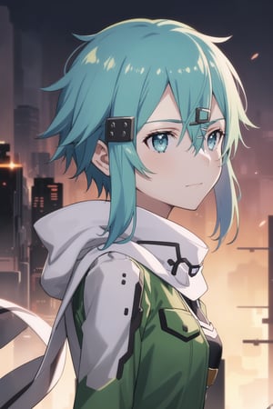 (best quality), (highly detailed), masterpiece, (official art), ((sinon1, cyberpunk, hair ornament, hairclip)), 1girl, portrait, bangs, blue eyes, blue hair, blurry, blurry background, fingerless gloves, green jacket, hair between eyes, hair ornament, hairclip, highres, jacket, long sleeves, outdoors, scarf, short hair, short hair with long locks, sidelocks, signature, sinon, solo, sunset, sword art online, turning head, half-open eyes, smug expression, speaking, 
