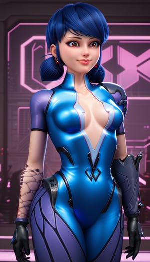 score_9, score_8_up, score_7_up,marinetteBug, blue hair, standing, lips ,standing, revealing chest,  black gloves,  advanced combat suit,  futuristic sniper,metallic purple suit, torso exposed,, black gloves, high-tech bodysuit,widowsuit, tattoo, arm tattoo, evil smile, red eyes, earrings