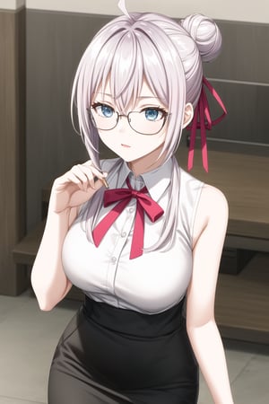 A close-up shot of alya, grey hair, blue eyes, hair between eyes, hair ribbon, red ribbon, ahoge, tShe looks elegant and professional. She is wearing a sleeveless, high-necked blouse, all black, which fits her figure in a stylish way. She pairs it with a high-waisted pencil skirt with a black and white geometric pattern, which gives her a modern and sophisticated touch. In addition, she wears dark-framed glasses that complement her office look. Her hair is tied up in a high bun, which adds an air of formality and professionalism to the outfit.