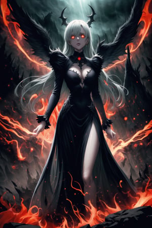 Elizabeth, black hair, lips, ruler of hell, black wings,darkness wings,wings,demon wings,stands as a malevolent dictator, her long hair flowing like darkness itself, gradient from white to dark, framing her cold gaze. Her elaborate gown, adorned with sinister symbols and glowing red accents, reflects her dominance and cruelty. The background features a hellish landscape: rivers of lava, jagged rocks, tormented souls, and dark clouds with lightning. Eerie, red and black glows illuminate the scene, capturing the dark and oppressive atmosphere of her dominion.,GFX