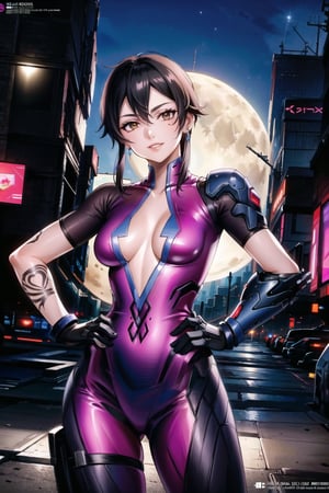 ((best quality)), ((highly detailed)), masterpiece, ((official art)), shino asada, ((black hair:1.2)), short hair,  hair between eyes, hair ribbon, sidelocks, short hair with long locks:1.3, earrings,  (lips), evil smile, hand on hip,cowboy shot, (widowsuit:1.2), black gloves, medium breasts, tattoo, (arm tattoo:1.2) ,(pose:1.3), best quality, masterpiece, intricate details, scenary, outdoors, street, nigth, moon, (cyberpunk:1.2), star_(sky), spacecraft,trending on Artstation,  ,widowsuit,arm tattoo,aayelan