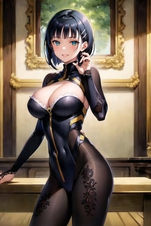 (best quality), (highly detailed), masterpiece, (official art), suguha, short hair, black hair, bob cut, hairclip, hair ornament, blunt bangs, lips, smile, pose, ((bodysuit)),  cowboy shot, angle, (intricately detailed, hyperdetailed), blurry background,depth of field, best quality, masterpiece, intricate details, tonemapping, sharp focus, hyper detailed, trending on Artstation,1 girl, solo,high res,official art