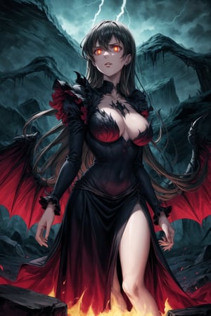 Elizabeth, black hair, lips, ruler of hell, stands as a malevolent dictator, her long hair flowing like darkness itself, gradient from white to dark, framing her cold gaze. Her elaborate gown, adorned with sinister symbols and glowing red accents, reflects her dominance and cruelty. The background features a hellish landscape: rivers of lava, jagged rocks, tormented souls, and dark clouds with lightning. Eerie, red and black glows illuminate the scene, capturing the dark and oppressive atmosphere of her dominion.