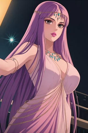 (best quality), (highly detailed), masterpiece, (official art),  ,(Saori,purple hair,long hair):1.2, lips:1.2, makeup:1.2, lipstick:1.2,  makeup, pink eyes, dancing:1.4, dance:1.2, dancer:1.3, posing, Earrings, gem earring:1.2,black_earrings, lips:1.2, black eyes:1.2, ,lips, cowboy shot, large breast, (/nightclub scene, neon lights)), , club, (nigth club), ,hd quality, perfect face ,realistic, realistic body , perfect face sync,night club,,marinette,night club,b1mb0,v3il:1.3, (forehead jewel gem):1.3