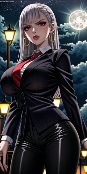 noelle_silva, bangs, silver hair, ((long hair)),  (((hoop earrings, makeup, lips))), ((large breast)) ,(((narrow_waist))), ((((black suit, black pants)))), white shirt, red necktie, 1girl, earrings, jewelry, night, solo, outdoors, city, star \(sky\), ((red necktie:1.2)), moon, night sky, red eyes, starry sky, sky, shirt, moonlight, formal, standing, full moon, suit, cowboy shot, day,  pants, blue sky,((((black business suit)))), standing,sexy lawyer,(glaring:1.2),glistening skin, (black suit:1.5),  ,,,<lora:659111690174031528:1.0>