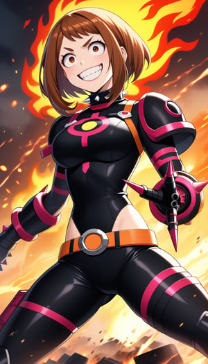 score_9, score_8_up, score_7_up, intricate details,1girl, ochako uraraka, solo, short brown hair, bob cut, evil grin, sharp teeth, malicious expression, crazy eyes, constricted pupils, black sclera, wearing bakugou's hero costume, black and orange bodysuit, exposed shoulders, spiked gauntlets, oversized grenade bracers, black combat boots, orange belt,  sinister expression, wearing black leather corset, tight dark outfit, spiked shoulder pads, thigh-high boots, high heels, exposed midriff, body harness, leather straps, sharp claws, metallic accessories, explosive accessories, spiked collar, villain aura, standing pose, flames in background, explosions, smoke, dark atmosphere, anime style, dynamic lighting, glowing embers, chaotic energy, destruction, confident stance, sadistic grin, villainous attitude