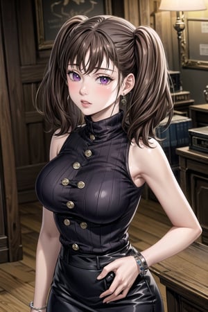 ((best quality)),  ((highly detailed)),  masterpiece,  ((official art)), (diane, twintails, earrings),lips, sleeveless, bare shoulders, figure, turtleneck, ((black shirt)), black pencil skirt,office, lady office, print skirt, floral print, high-waist skirt, shirt_tucked_in, building, bracelet, parted lips, cellphone picture, indoors, intricately detailed, hyperdetailed, blurry background, depth of field, best quality, masterpiece, intricate details, tonemapping, sharp focus, hyper detailed, trending on Artstation, 1 girl, high res, official art