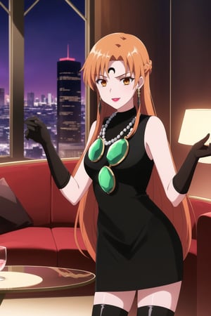 (best quality), (highly detailed), masterpiece, (official art), asuna yuuki, long hair, orange hair, red hair, brown eyes,, lips, smile, lipstick, makeup, evil smile,
((Forehead mark, crescent facial mark, black crystal earrings, jewelry)).  Dark  dress, black latex, black sleeveless dress, turtleneck_dress, short dress, elbow gloves, green gloves, thighhighs, large necklace, ((gemstone necklace:1.2)), standing,
Modern luxury lounge with dim lighting, featuring sleek black leather sofas, glass tables, and soft ambient lighting from wall sconces. A large window in the background reveals a city skyline at night, adding a touch of sophistication to the scene,