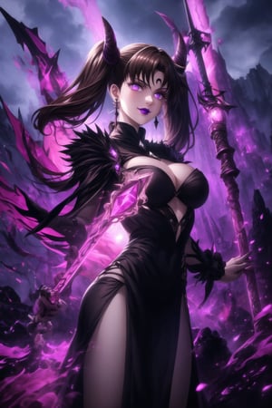 ((lips,purple lips,lipstick,makeup)), ((crescent face mark, Crystal black earrings)),closed mouth,smile, Diane, twintails brown hair,hair_scrunchie ,lips, ruler of hell, stands as a malevolent dictator, gradient from white to dark, framing her cold gaze. Her elaborate gown, adorned with sinister symbols and glowing red accents, reflects her dominance and cruelty. The background features a hellish landscape: rivers of lava, jagged rocks, tormented souls, and dark clouds with lightning. Eerie, red and black glows illuminate the scene, capturing the dark and oppressive atmosphere of her dominion. Armor, black wings, mace, holding mace, demon horn,GFX