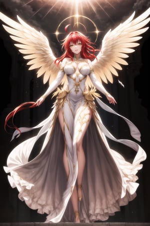 (best quality), (highly detailed), masterpiece, (official art), Rias Gremory as a serene angel, lips smile, with long flowing red hair and a delicate ahoge, luminous white wings spread wide behind her. She is wearing a simple, elegant white gown that flows gracefully around her, softly billowing as she floats in the sky. Rias stands with her arms gracefully open, as if welcoming you with a serene and benevolent presence, her yellow eyes. Rays of divine light shine down from the heavens, illuminating her figure, while she hovers among soft, glowing clouds. The sky is a serene blend of soft pastels, with golden rays breaking through, creating a heavenly and peaceful atmosphere. Her wings emit a gentle, ethereal light, adding to her angelic presence.