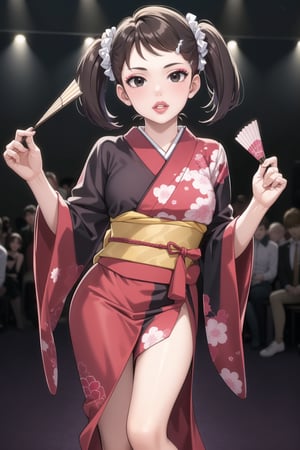 (best quality), (highly detailed), masterpiece, (official art),  becky blackbell, black hair, hair ornament, twintails, hairclip, scrunchie, hair scrunchie, lips:1.2,  makeup:1.2, lipstick:1.2,  makeup, black eyes:1.2,black kimono,obi, dance,hand fan,white confetti,, looking at viewer, (/nightclub scene, neon lights)), , club, (nigth club), ,hd quality, perfect face ,realistic, realistic body , perfect face sync,night club,StandingAtAttention,night club,b1mb0, dancing:1.2,