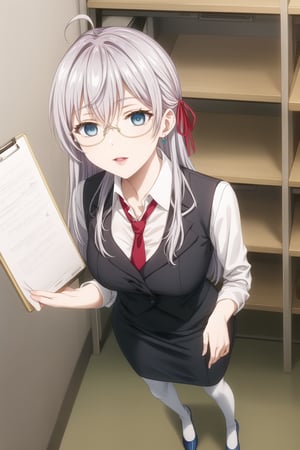 A close-up shot of alya, long hair, grey hair, blue eyes, hair between eyes, hair ribbon, red ribbon, ahoge, the SKS Office Lady, stands expressionless with empty eyes, her lips subtly parted as if in a state of subtle hypnosis. glasses, skirt, pantyhose, earrings, pencil skirt, adjusting eyewear,  blue skirt, chalkboard, open mouth, teacher, paper, necktie, jewelry, red-framed eyewear, bespectacled, white legwear, semi-rimless eyewear, under-rim eyewear, shoes, standing, desk, blue footwear, office lady, smile, lanyard, streaked hair, clipboard,  shirt. In formal attire, she exudes professionalism.