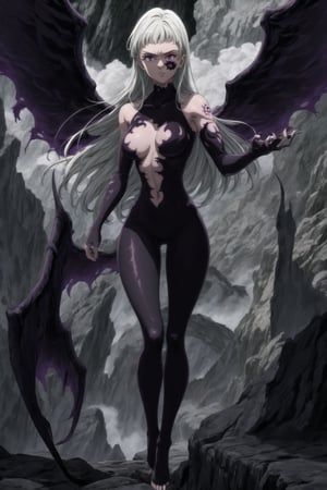 monochrome,greyscale,(tattoo,facial mark,aura,glowing,bodypaint,smoke,dark aura:1.2),1girl,long hair,medium breasts,black hair,angry,purple eyes,wings,claws,looking at viewer,nude,censored,armor,convenient censoring,Elizabeth, black hair, lips, ruler of hell, stands as a malevolent dictator, her long hair flowing like darkness itself, gradient from white to dark, framing her cold gaze.  reflects her dominance and cruelty. The background features a hellish landscape: rivers of lava, jagged rocks, tormented souls, and dark clouds with lightning. Eerie, red and black glows illuminate the scene, capturing the dark and oppressive atmosphere of her dominion.