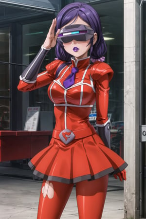 (best quality), (highly detailed), masterpiece, (official art),nozomi toujou, long hair, low twin tails, dark blue hair, bangs,hair_scrunchie, mature_female, 1girl, solo, ((head-mounted display)), ((purple lips:1.2)), (team flare:1.2),  gloves,((armor, juliet_sleeves:1.2)), long_sleeves , pleated skirt,  necktie, red dress, belt, red dress, (pantyhose, red footwear1.2), (lips:1.2), ((arms at sides)),, cowboy shot, looking at viewer, indoors, blurry background,depth of field, best quality, masterpiece, intricate details, tonemapping, sharp focus, hyper detailed, trending on Artstation, salute,nozomi toujou