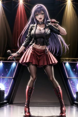 ((best quality)),  ((highly detailed)),  masterpiece,1girl, female mature, tall, solo, smile, open mouth, skirt, shirt, hair ornament, gloves,  holding, jacket, stage, pantyhose,  boots, black gloves, hairclip, fingerless gloves, collar, two-tone hair, red hair, black jacket, plaid, black shirt, red skirt, plaid skirt, red footwear, microphone, red nails, spikes, cross-laced footwear, music, leather, holding microphone, singing, leather jacket ,(sasha, long hair, purple hair, green eyes),RockOfSuccubus,b1mb0