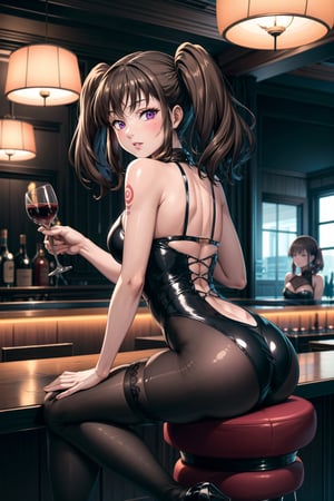 diane, twintails, brown hair, purple eyes,  lips,  (slender body:1.2), perfect face, perfect skin, tattoos, lace bodysuit, lace top stockings, strappy heels, sitting on bar stool, holding a glass of red wine, in night club, neon lights, from behind,diane