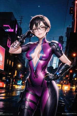 ((best quality)), ((highly detailed)), masterpiece, ((official art)), shino asada, ((black hair:1.2)), short hair, glasses, hair between eyes, hair ribbon, sidelocks, short hair with long locks, earrings,  (lips), evil smile, hand on hip,cowboy shot, (widowsuit:1.2), black gloves, medium breasts, tattoo, (arm tattoo:1.2) ,(pose:1.3), best quality, masterpiece, intricate details, scenary, outdoors, street, nigth, moon, (cyberpunk:1.2), star_(sky), spacecraft,trending on Artstation,  ,widowsuit,arm tattoo,aayelan