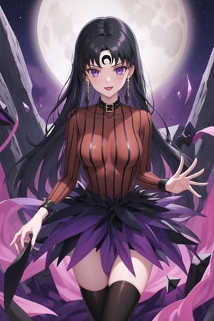 (best quality), (highly detailed), masterpiece, (official art),sama1, long hair, black hair, bangs , makeup, ((black moon, forehead mark, crescent facial mark, black crystal earrings)), jewelry, evil smile, lips, lipstick, posing, anime coloring, bodysuit, koan:1.2, sweater, striped, purple collar:1.2, long sleeves, layered skirt:1.2, stockings:1.3, forehead jewel