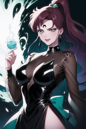 (best quality), (highly detailed), masterpiece, (official art), hmjupiter, green eyes, ponytail, brown hair, makeup, ((forehead mark, crescent facial mark, black crystal earrings)), aged up, evil smile, lips, lipstick, posing, anime coloring, ((black dress, long sleeves, see-through)), pink dress, side slit, A dark and mysterious female character inspired by the style of classic anime. She has an evil face with an evil smile, giving her an imposing and intimidating presence. The overall atmosphere is dark and mysterious, with a sense of power and control emanating from her posture.