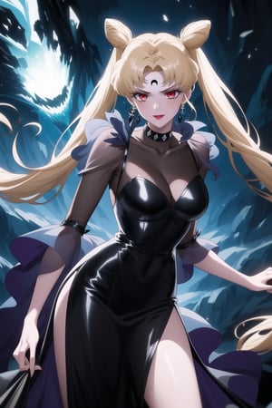 evil smile, red eyes, jewelry,  earrings, makeup, facial mark, lipstick,  forehead mark, crescent facial mark, black crystal earrings,crescent, , dress,black dress, see-through,,side slit, .,aausagi, double bun, twintails,parted bangs, blonde hair
(best quality), (highly detailed), masterpiece, (official art), A dark and mysterious female character inspired by classic anime style,  She has a cold, expressionless face with pale skin and dark, bold lips, giving her a commanding and intimidating presence.  The overall atmosphere is dark and mysterious, with a sense of power and control emanating from her poised stance