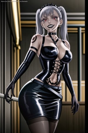 ((best quality)),  ((highly detailed)),  masterpiece, (Black lips:1.4),  ((official art)),  detailed face,  beautiful face, narrow_waist:1.3, dominatrix:1.3,puffy_short_sleeves, (sukunatattoo:1.3, maid:1.4) , (intricate black dress:1.4),top tube,  navel, midriff, (pubic tattoo:1.3), (detailed eyes,  deep eyes),(science fiction, cyberpunk:1.3, street, shopping, dark background),((smirk, grin, naughty face, seductive smile, smug)) ,,(lips), ((noelle_silva, silver hair,twintails, bangs, earrings, jewelry)) ,(red eyes:1.3),  cross-laced clothes:1.3, (spiked bracelet), corset:1.4, hoop earring, curvaceous, voluptuous body, (makeup) (lips:1.3), (latex),  (black tube top:1.2), gloves, elbow gloves, skirt, black choker, belt, pencil skirt, pantyhose, miniskirt, (black skirt), black gloves, black legwear, black choker ,large breasts, (intricately detailed, hyperdetailed), blurry background, depth of field, best quality, masterpiece, intricate details, tonemapping, sharp focus, hyper detailed, trending on Artstation, 1 girl, solo, high res, official art,RockOfSuccubus,,StandingAtAttention,,<lora:659111690174031528:1.0>