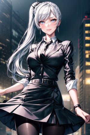 ((best quality)), ((highly detailed)), masterpiece, ((official art)),weiss schnee, side ponytail, scar across eye,white hair,outdoors,city,(glowing eyes),(floating hair),(high-waist skirt:1.2),(black skirt:1.2),(black necktie:1.1),(seductive smile),(closed mouth),(lips:1.2),jewelry, wristwatch, skirt, solo, (cowboy shot:1.2),standing, pencil skirt,  belt, (earrings:1.1), collared shirt, ,office lady,(formal:1.1), shirt tucked in, (skirt suit),black pantyhose, dress shirt, intricately detailed, hyperdetailed, blurry background,depth of field, best quality, masterpiece, intricate details, tonemapping, sharp focus, hyper detailed, trending on Artstation,1 girl, high res, official art,beautiful detailed eyes