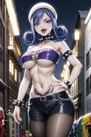 (masterpiece:), (best quality), highly detailed, beautiful detail, extremely delicate and beautiful, juviagmg, blue hair,  (lips), open mouth, tongue out, evil eyes, evil smile,  spiked collar, midriff, spiked armlet, black vest,  (tube top), (underboob), red top ,  latex clothes,  fishnet pantyhose, fishnet gloves, chains, black vest, denim short,   spiked bracelet, string, black top, RockOfSuccubus, large breasts, navel,(purple), cleavage, midriff, (tattoo:1.1), pubic tattoo,makeup, (colored skin:1.3),(black lips:1.3),(lipstick), (pale skin:1.5),  eyelashes, standing, facing viewer,  (street), scenery, nigth, sky, blurry background,depth of field,juviafisu