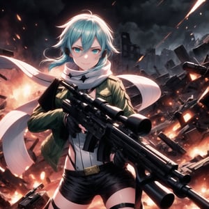 Highly detailed anime illustration of Sinon in the midst of a desolate battlefield, her blue hair whipping in the wind as she fires her sniper rifle with deadly precision. Her sharp aqua eyes, partially obscured by strands of hair, gleam with a twisted joy, and a sadistic smile spreads across her face, reflecting her dark pleasure in the chaos of combat.

sinon1 is dressed in her signature combat outfit: a green cropped jacket open at the front, revealing a white scarf that flutters as she moves. Her black shorts and fingerless gloves are practical for the fight, while her sniper rifle is held firmly, aimed with unwavering focus. The rifle's muzzle flashes brightly, illuminating the battlefield in sharp, cold light.

The surrounding environment is bleak and war-torn, with crumbling structures and a cloudy, dark sky overhead, adding to the tension and intensity of the scene. The ground is littered with debris, evidence of the ongoing conflict. Shadows and light play across her form, emphasizing her role as a hunter in this grim setting.

Despite the devastation around her, Sinon’s sadistic smile and the gleam in her eyes make it clear she relishes the battle, her laughter echoing amidst the destruction. Every shot she takes is precise, her enjoyment of the fight apparent in every detail of her expression and posture.

Key Details:

The sniper rifle is depicted in high detail, with visible muzzle flash and recoil captured mid-shot.
Sinon's expression is the focal point, her sadistic smile and bright, crazed eyes adding a layer of psychological depth.
The battlefield is grim, with dark, moody lighting that contrasts with the bright flashes of gunfire.
Her pose is dynamic, with the rifle held steady as she fires, her body language exuding confidence and delight in the violence.
The overall atmosphere is dark and intense, highlighting Sinon's enjoyment of the chaos and her role as a formidable sniper in the heat of battle.