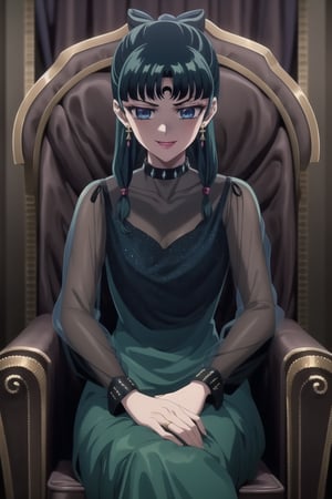 (best quality), (highly detailed), masterpiece, (official art), maomao,1girl,blunt bangs,green hair,blue eyes,sidelocks,twin braids,hair over shoulder,hair beads,half updo,single hair bun,hair ribbon,freckles, forehead mark, crescent facial mark, black crystal earrings, aged up, evil smile,  black dress, long sleeves, see-through,  sitting, throne,