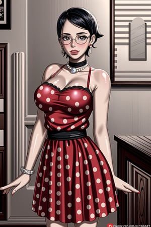 (best quality), (highly detailed), masterpiece, (official art),(sarada, black eyes, jewelry, earrings , choker, glasses, swept bangs),(Stepford),lips, makeup, lipstick,red lips,smile, (pose),(polka dot:1.4), (polka dot dress:1.4),(pearl necklace:1.2), pearl bracelet, bare shoulders,(red dress:1.2),(aroused), nose blush ,standing, big breasts, (large pearl necklace), (hoop earrings:1.2), looking at viewer, window, indoors, scenery, intricately detailed, hyperdetailed, blurry background, depth of field, best quality, masterpiece, intricate details, tonemapping, sharp focus, hyper detailed, trending on Artstation, 1 girl, high res, official art,,<lora:659111690174031528:1.0>