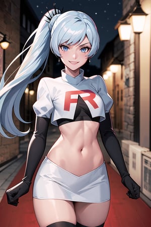 (best quality), (highly detailed), masterpiece, (official art), (weiss schnee, side ponytail, scar across eye), posing, ( evil smile:1.2), Team Rocket, cropped jacket, white jacket, crop top, jacket, gloves, black gloves, elbow gloves, navel, midriff, white skirt, miniskirt, skirt, thighhighs,, looking at viewer, china, asiática, city, night, sky, (intricately detailed, hyperdetailed), blurry background,depth of field, best quality, masterpiece, intricate details, tonemapping, sharp focus, hyper detailed, trending on Artstation,1 girl, high res, official art,weiss schnee