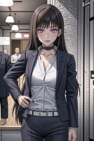 ((best quality)),  ((highly detailed)),  masterpiece,1girl, 1girl, (lips:1.2), seductive smile, smirk, naughty_face,nail polish, solo,   black pants,  formal,  black jacket,  open jacket,  (white shirt),  belt, ,  black jacket, (black suit),  long sleeves,  shirt tucked in,, (black choker), blush, earrings, black nails, looking at viewer, standing, cowboy shot, fingernails,  bar,outdoor,lamp,nigth,space, alcohol, sexy pose:1.2, purple nails, wristband ,Mimiko, (long hair:1.4), bangs, brown hair, pink  eyes, bob cut,,StandingAtAttention,<lora:659111690174031528:1.0>