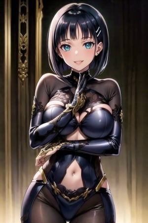 (best quality), (highly detailed), masterpiece, (official art), suguha, short hair, black hair, bob cut, hairclip, hair ornament, blunt bangs, lips, smile, pose, ((bodysuit)),  cowboy shot, angle, (intricately detailed, hyperdetailed), blurry background,depth of field, best quality, masterpiece, intricate details, tonemapping, sharp focus, hyper detailed, trending on Artstation,1 girl, solo,high res,official art
