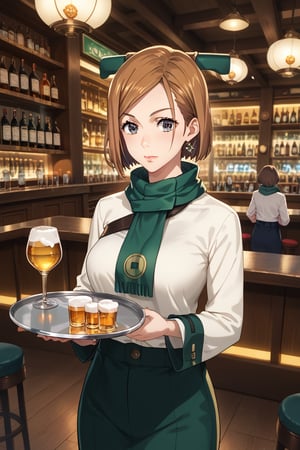 score_9, score_8_up, score_7_up, intricate details,1girl,  closed mouth, lips joo dee, scarf, hair ornament:1.3, holding tray:1.2, tray, alcohol, dutch angle, bar, cowboy shot:1.2, bar, table, customers, kugisaki nobara, brown hair,