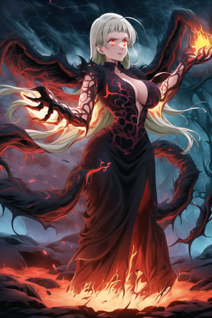 A masterpiece of dark fantasy: elizabeth, malevolent demon, lips curled into an evil smile, long flowing white hair cascading down her back like a fiery waterfall. Her delicate ahoge and intricate black gown billow softly as she floats amidst hell's fiery depths. Black wings spread wide behind her, emitting a darkness-infused light that adds to her ominous presence. Red eyes gleam with malevolent intent as she stands poised, arms outstretched in a violent welcome. Softly glowing fire illuminates her figure, while rays of dark light pierce the heavens above, casting an eerie glow on Rias' demonic form. The hellish landscape before her is bathed in red hues, as if infernal flames are breaking through to create this haunting atmosphere.