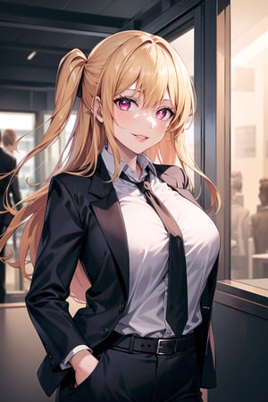 (best quality), (highly detailed), masterpiece, (official art),  hoshino_ruby, long hair, ((one side up)), lips, smile, top jacket:1.3,black pants, belt,,necktie,  black jacket,(black suit), long sleeves, shirt tucked in,looking at viewer, shirt, black necktie, white shirt, medium breasts,window, formal, office lady,pants, business suit, suit,  (intricately detailed, hyperdetailed), blurry background,depth of field, best quality, masterpiece, intricate details, tonemapping, sharp focus, hyper detailed, trending on Artstation,1 girl, solo,high res,official art,hoshino_ruby