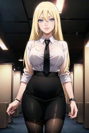 ((best quality)), ((highly detailed)), masterpiece, ((official art)),(boruko,facial mark:1.2),(office),( blue eyes, glowing blue eyes),(floating hair),(high-waist skirt:1.2),(black skirt:1.2),(black necktie:1.1),(seductive smile),(closed mouth),(lips:1.2),jewelry, wristwatch, skirt, solo, (cowboy shot:1.2),standing, pencil skirt,  belt, (earrings:1.1), collared shirt, (office lady),(white shirt:1.2),(formal:1.1), shirt tucked in, (skirt suit),black pantyhose, dress shirt, intricately detailed, hyperdetailed, blurry background,depth of field, best quality, masterpiece, intricate details, tonemapping, sharp focus, hyper detailed, trending on Artstation,1 girl, high res, official art