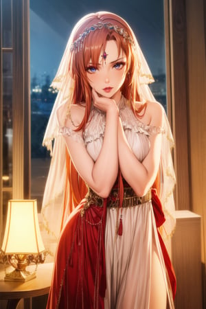 ((best quality)), ((highly detailed)), masterpiece, ((official art)), detailed face, beautiful face, (detailed eyes, deep eyes), seductive posing, (cowboy shot),asuna yuuki, long hair, brown eyes, orange hair, red hair, purple lips:1.2, v3il, face veil, (forehead jewel opal), crystal head veil, (cowboy shot), eyeliner, eyeshadow, makeup, ,ethereal nightgown, (sash), (cowboy shot), grand hall, . shallow depth of field, vignette, highly detailed, high budget, bokeh, cinemascope, moody, epic, gorgeous, film grain, grainy,jyojifuku,asuna yuuki, veil, see-through