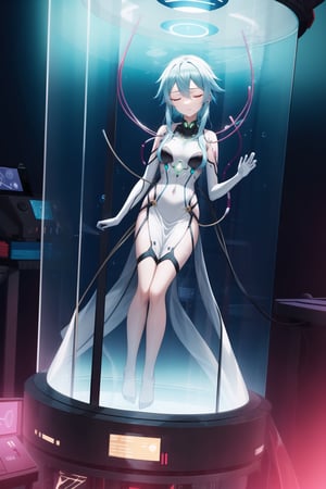 Sinon submerged in a futuristic stasis chamber, her form suspended in glowing blue liquid. Her blue hair floats gently around her, eyes closed in serene slumber. The chamber is made of sleek, transparent glass with glowing circuitry. The dimly lit lab is sterile, with holographic screens displaying her vitals. Soft, ethereal light from the chamber casts a calm, otherworldly glow, highlighting her peaceful expression.
