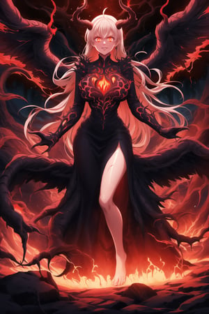 A masterpiece of dark fantasy: elizabeth, malevolent demon, lips curled into an evil smile, long flowing white hair cascading down her back like a fiery waterfall. Her delicate ahoge and intricate black gown billow softly as she floats amidst hell's fiery depths. Black wings spread wide behind her, emitting a darkness-infused light that adds to her ominous presence. Red eyes gleam with malevolent intent as she stands poised, arms outstretched in a violent welcome. Softly glowing fire illuminates her figure, while rays of dark light pierce the heavens above, casting an eerie glow on Rias' demonic form. The hellish landscape before her is bathed in red hues, as if infernal flames are breaking through to create this haunting atmosphere.